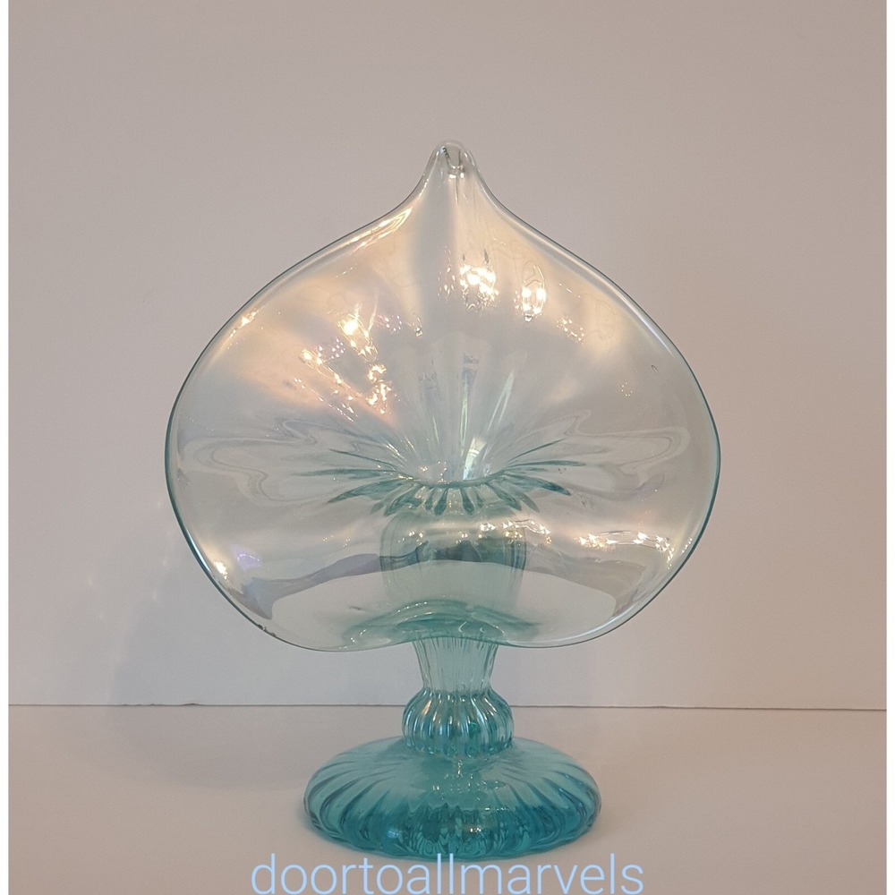 Vintage Jack in the Pulpit Candleholder Iridescent Aqua Glass Hand Blown Signed